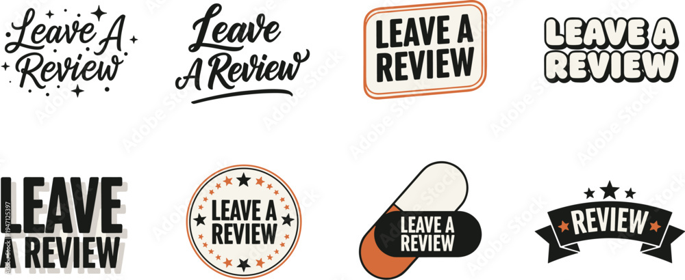 Fototapeta premium Leave a review text design, customer feedback typography, promotional banner, marketing graphic element, social media template, flat vector illustration
