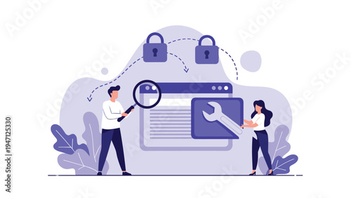 Technical support team fixing a website with a wrench and magnifying glass featuring security locks for protection.