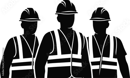 Construction Workers Team Silhouette: Essential Safety Gear, Hard Hats, and Reflective Vests for Industrial Building and Engineering Projects