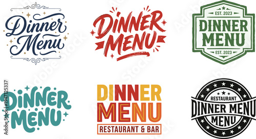 Dinner Menu logo badge designs illustration, colorful typography variations, restaurant labels, food branding icons, promotional vector artwork
