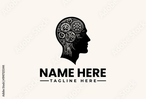 A black silhouette of a human head with a gear-filled brain and a placeholder text 'NAME HERE' and 'TAGLINE HERE' on a plain background, featuring a logo, vector illustration, icon, and