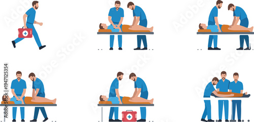 Illustration of emergency medical responders providing first aid and performing rescue scenarios representing healthcare, safety, and emergency services vector art