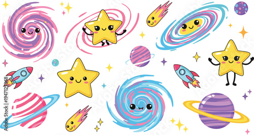 Cute cartoon space elements collection with smiling stars, planets, galaxies, rockets and comets colorful kawaii universe vector illustration set