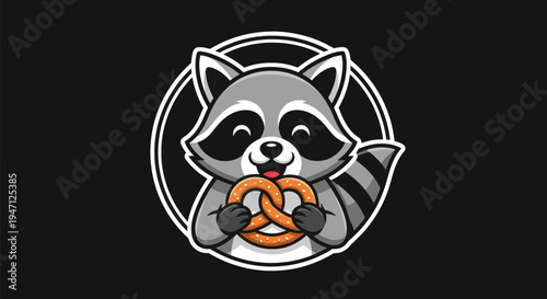 Cartoon raccoon holding pretzel on black