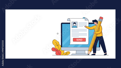 Job applicant with a giant pencil standing next to a resume on a computer screen ready to send their application.