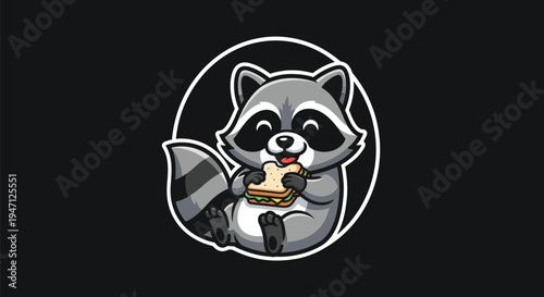Cartoon raccoon eating sandwich on black