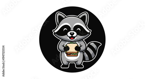 Cartoon raccoon holding sandwich illustration
