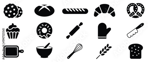 baking and bakery items icon collection set, essential tools and sweet treats for homemade cooking and pastry preparation, whisk rolling pin cupcake bread oven mitt vector illustration.