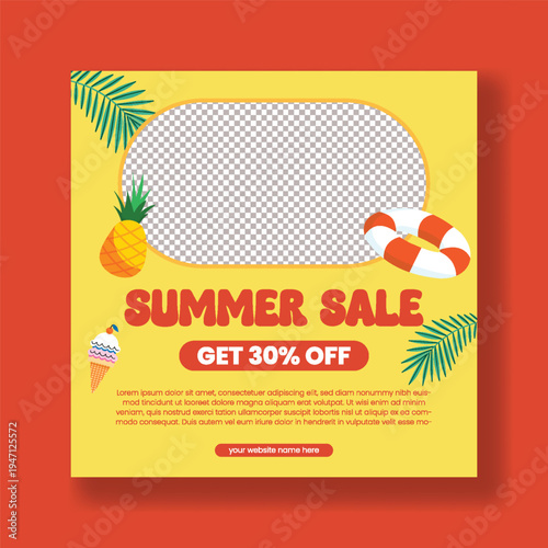 Summer Vacation Social Media Square Flyer Template, Editable Summer Sale and Pool Party Poster, Beach Party Marketing Ads, Tropical Summer Background, Holiday Promotion Banner