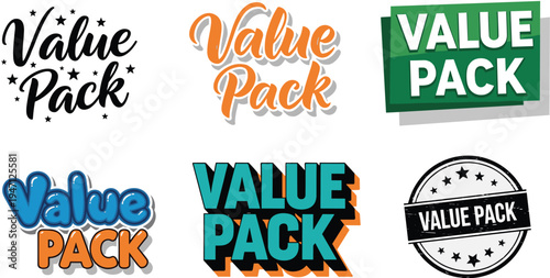 Value Pack typography set, bold text badge, creative promotional graphics, stylish branding elements, modern marketing visuals, social media design, flat vector illustration