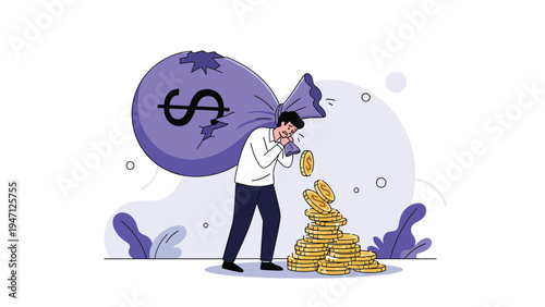 Man struggling to carry a huge leaking sack of money on his back representing financial burden or lost wealth.