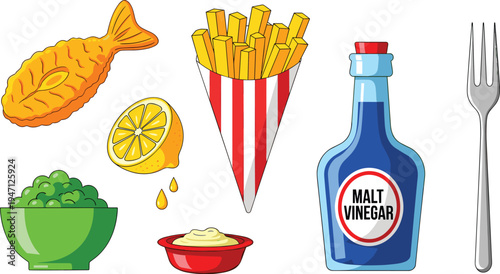 Fish and Chips Food Illustration Set with Fried Fish Fillet, French Fries, Lemon, Peas, Malt Vinegar and Classic British Meal Vector Collection