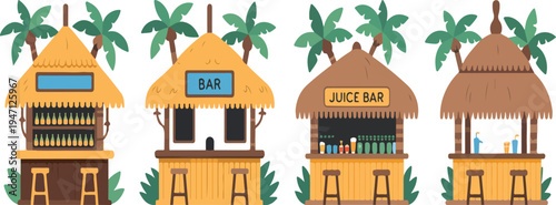 Colorful tropical style beach bars and juice stands illustration featuring playful summer vibes cocktails fruit drinks and seaside fun