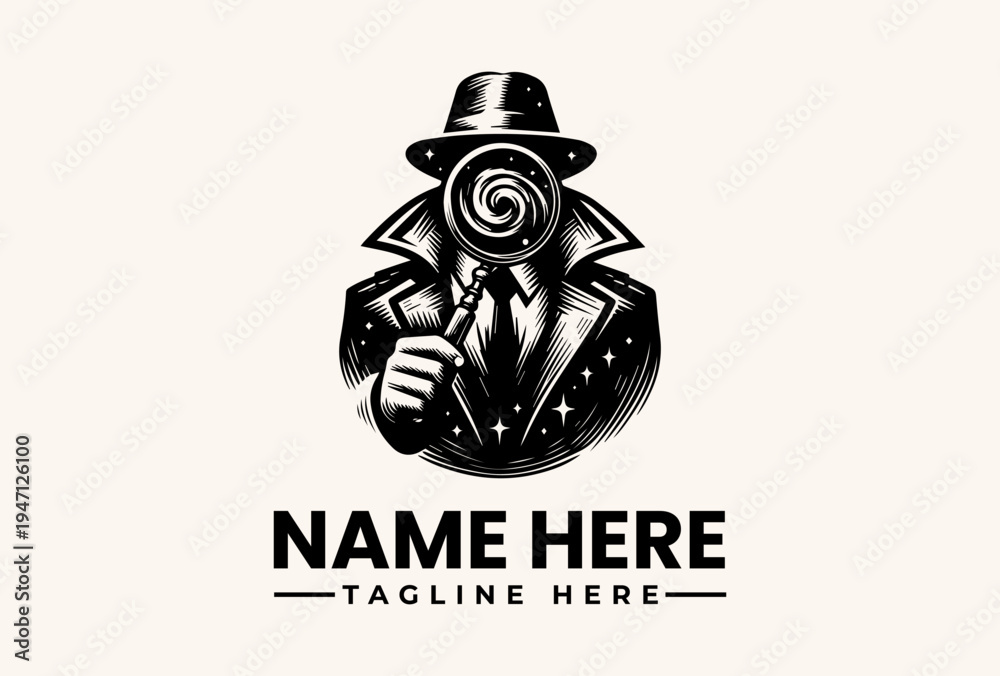 Obraz premium A black and white vector illustration of a man in a suit and hat with a spiral design for a face, holding his tie, against a clean white background with space for a logo and tagline.