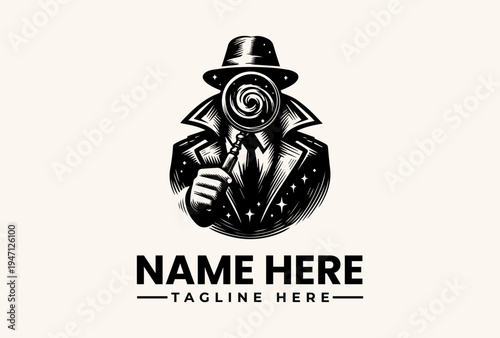 A black and white vector illustration of a man in a suit and hat with a spiral design for a face, holding his tie, against a clean white background with space for a logo and tagline.