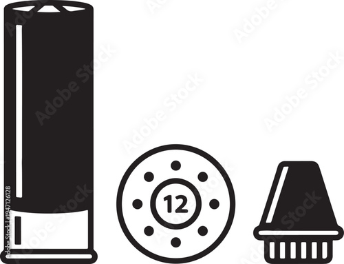 Black and white of a shotgun shell components including a numbered cap and projectile also transparent background