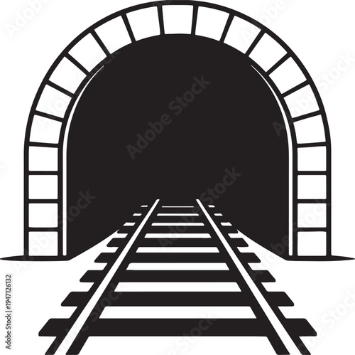 Black and white railway tracks leading into a dark brick tunnel archway also transparent background train tunnel