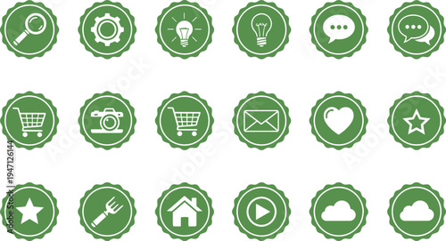 Collection of 18 green icons on white background