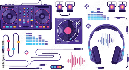 DJ music equipment and audio mixing setup with turntable, mixer controller, headphones, equalizer sound waves and cables vector illustration set