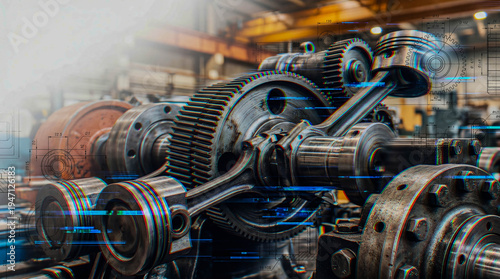 Industrial gears hum within a bustling factory floor. Cranes loom overhead, machinery pulses with motion. Digital overlays pulse with data streams and circuit patterns