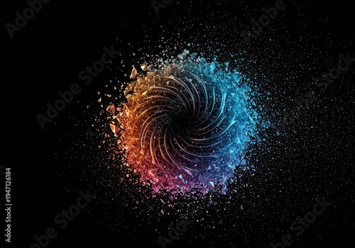 Abstract geometric shape breaking apart into swirling particles on a dark background, representing conceptual loss and transformation, fading, breakdown, loss