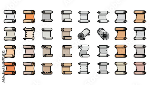 Scroll Vector Icons Blank and Decorative Parchment Illustration Isolated on PNG Background, scroll icon, scroll vector, parchment icon, manuscript icon, historical scroll, fantasy scroll, 