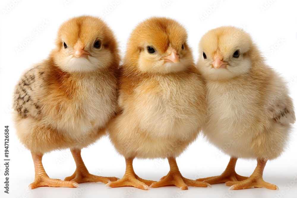 Fototapeta premium Three fluffy newborn chicks standing together