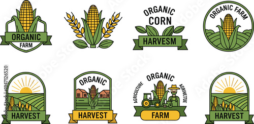 Organic Corn Farm Badge Set Featuring Harvest Labels, Agriculture Emblems, Corn Cob Icons and Rural Farming Logo Designs
