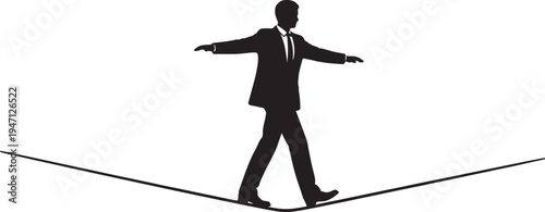 Black silhouette of a man in a suit and tie walking on a tightrope with arms outstretched against a white background also transparent background