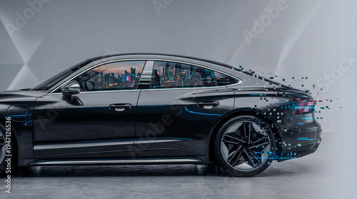 Modern car glows with digital particles. Streamlined silhouette reflects urban skyline. Digital trails animate motion and tech. Stylized wheels and sleek lines dominate. Ideal for tech, automotive