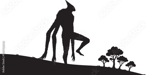 Black silhouette of a tall spindly creature with multiple arms standing on a grassy hill with trees in the background also transparent background