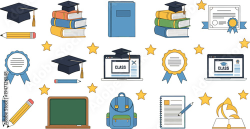 Education and graduation icon set with books, diploma certificate, graduation cap, classroom board, backpack and online learning vector illustration