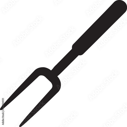 Black silhouette of a two pronged garden fork with a long handle on a transparent background also transparent background