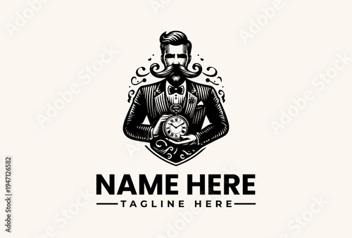 A black and white illustration of a man in a suit holding a globe with a decorative swirl design, set against a clean background with space for a logo and tagline.