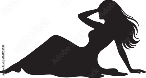 Black silhouette of a long haired woman in a dress lying on her side with one hand on her head against a white background also transparent background
