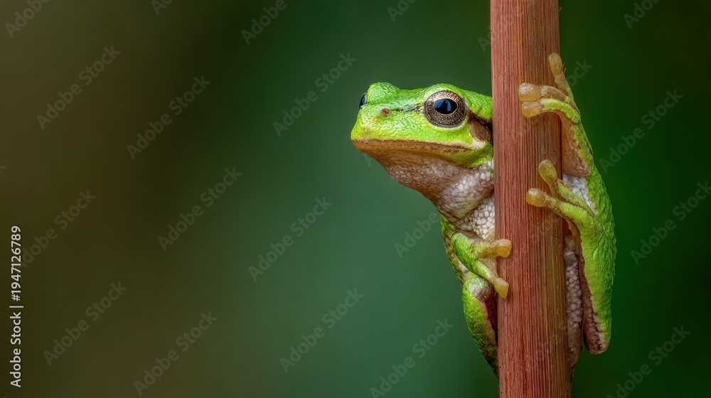 Obraz premium Vibrant green frog clinging to a brown stem against a blurred background
