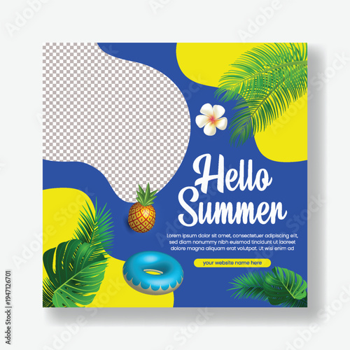 tropical summer background, social media square flyer, pool party poster template, beach party banner, summer sale promotion ad design, holiday vacation marketing, seasonal summer elements vector