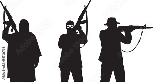 Three black silhouette figures holding automatic rifles against a white background also transparent background