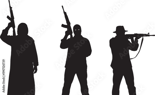 Three black silhouette figures holding rifles against a white background also transparent background 1