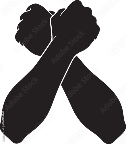 Black silhouette of two crossed arms forming an x shape on a white background also transparent background