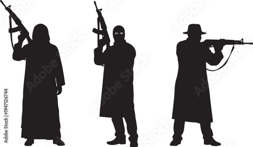 Three black silhouette figures holding rifles against a white background also transparent background