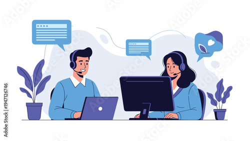 Customer service team with headsets working on computers to provide online technical support and consultation.