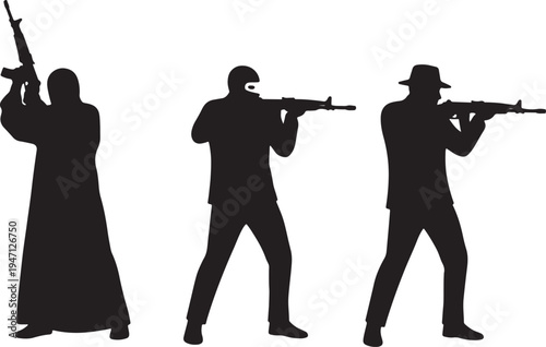 Three black silhouettes of armed individuals holding rifles in different poses on a transparent background also transparent background