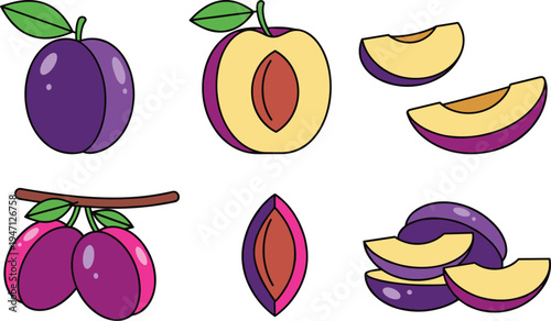 Plum Fruit Illustration Set with Whole Plums, Cut Plum Halves, Slices and Branch with Leaves Fresh Organic Fruit Vector Collection