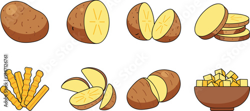 Potato Food Preparation Set with Whole Potatoes, Sliced Pieces, French Fries and Diced Potatoes Cooking Ingredients Vector Illustration Collection