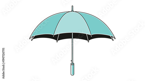 Fully open light blue umbrella with a dark underside provides protection from rain or sun during outdoor activities.