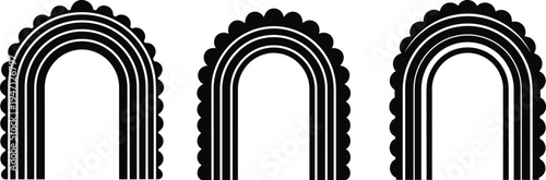 Three black arches with wavy edges and striped patterns