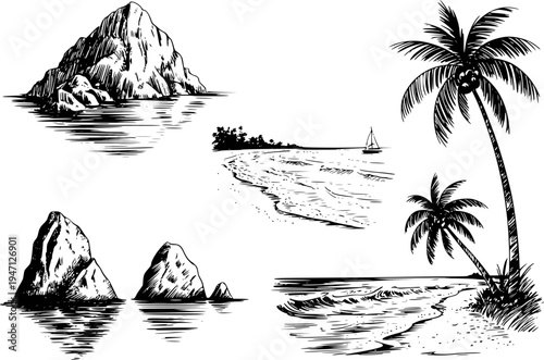 Black and white of tropical island scenes with palm trees ocean waves and rocky outcrops