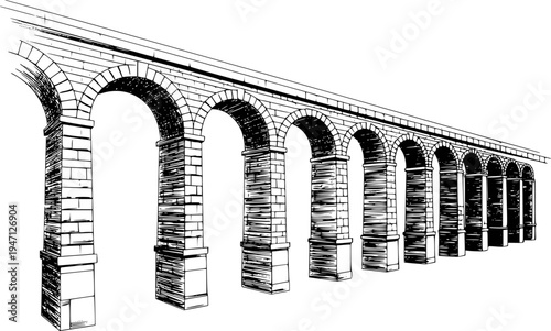 Black and white of a stone aqueduct with multiple arches a white background architecture