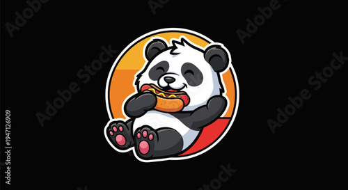 Cartoon panda enjoying hot dog